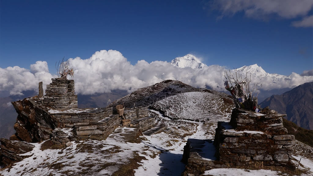 Khopra Ridge Community Trek from Pokhara is an exhilarating trek in the Annapurna region of Nepal. Khopra trek is a newly introduced trek that offers unique trekking experience in Nepal. Traverse the less-crowded trail to Khopra Danda to discover the majestic mountains like Dhaulagiri, Nilgiri, Machhapuchhre, Annapurna I, and surrounding peaks. En route to Khopra Danda, walk through verdant rhododendron and pine forests, high pastures, alpine meadows, and quaint villages. Additionally, Khopra Danda Trek lets hike to Khayer Lake, a sacred lake to Hindus. Your Khopra danda trek itinerary lets you explore Khopra ridge in just 7 days. This marvelous adventure starts and ends in the City of Lakes, Pokhara. You will start the trek from Kimche heading to Tadapani. Follow the Khopra Danda trek map and stop at Tadapani, Dobato, Khopra Danda, Swanta Village, Ghorepani, and Hile. On the 4th day, you will hike to Khayer Lake. Khopra trek from Pokhara is an easy and moderate trek, suitable for all age groups. The highest elevation of this trek is Khayer Lake at 4500m. Every day demands a minimum of 4-5 hours of trek. On the 4th day, en route to Khayer Lake from Khopra Danda, you will have to trek for 9-10 hours. If you are looking for some other treks in Annapurna region, we recommend Annapurna Base Camp Trek and Mardi Himal Trek.
